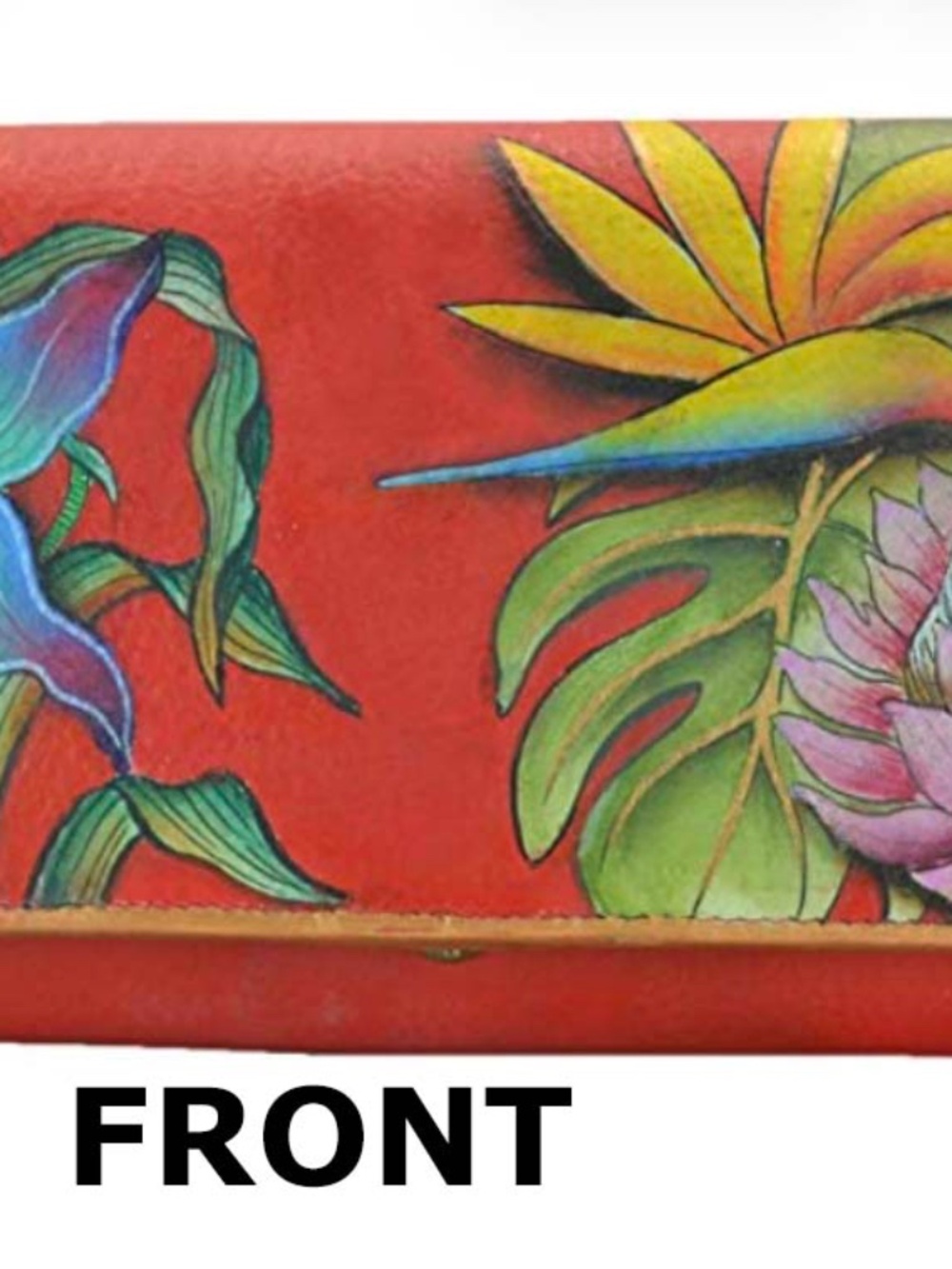 WALLET, 100% LEATHER, ACCORDION FLAP, ISLAND ESCAPE RED, FLORAL, 7.5 W X mm,